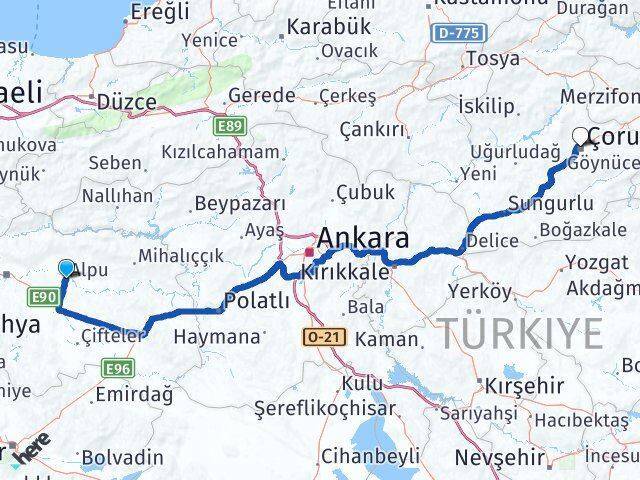 Alpu Çorum Arası Kaç Km - Yol Tarifi