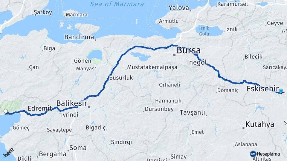 Eskişehir Altınoluk Edremit Balıkesir Arası Kaç Km - Yol Haritası