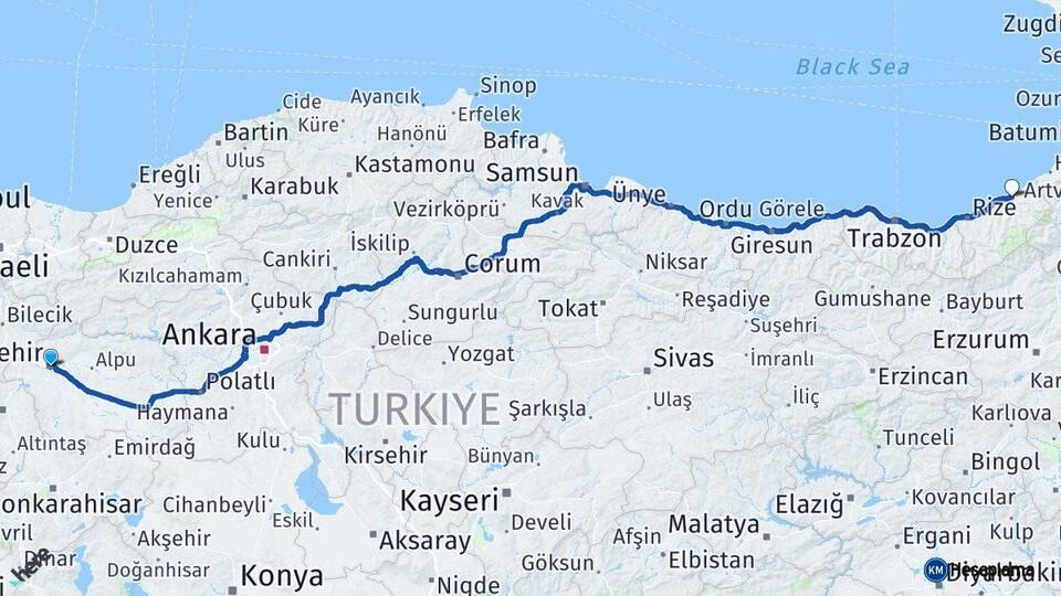 Eskişehir Ardeşen Rize Arası Kaç Km - Yol Haritası