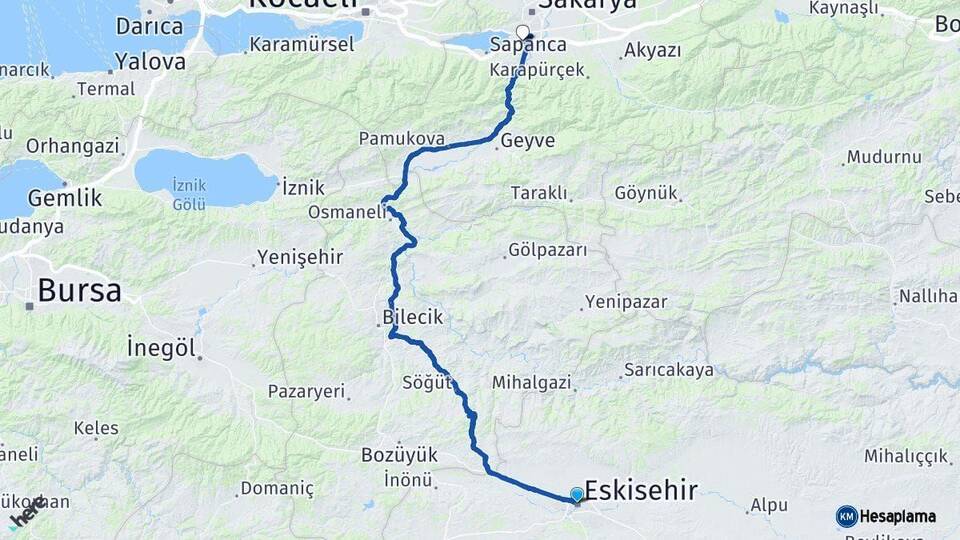 Eskişehir Arifiye Sakarya Arası Kaç Km - Yol Haritası