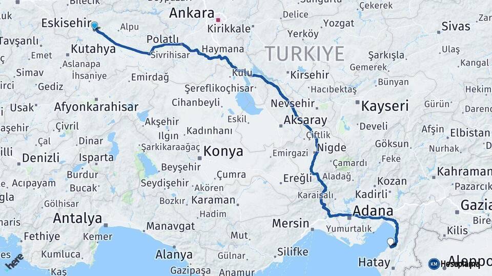 Eskişehir Arsuz Hatay Arası Kaç Km - Yol Haritası
