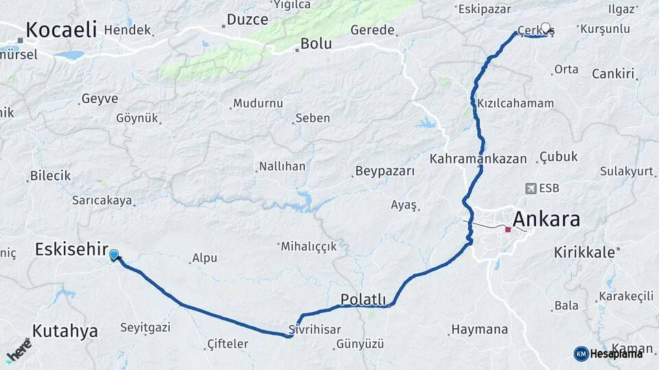 Eskişehir Atkaracalar Çankırı Arası Kaç Km - Yol Haritası