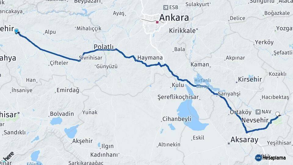 Eskişehir Avanos Nevşehir Arası Kaç Km - Yol Haritası