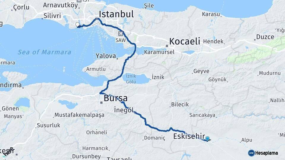 Eskişehir Avcılar İstanbul Arası Kaç Km - Yol Haritası