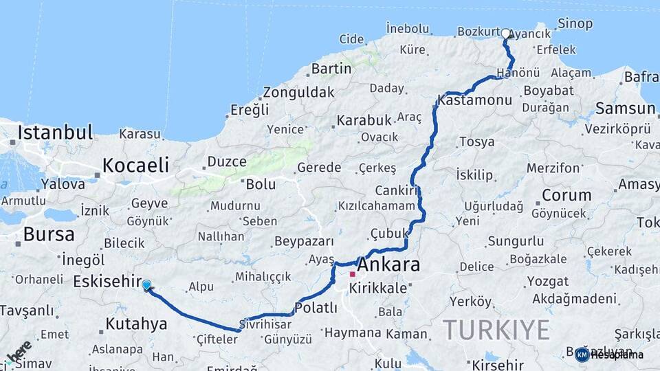 Eskişehir Ayancık Sinop Arası Kaç Km - Yol Haritası