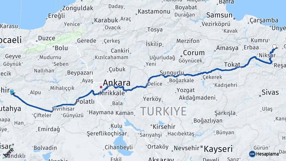 Eskişehir Aybastı Arası Kaç Km - Yol Tarifi