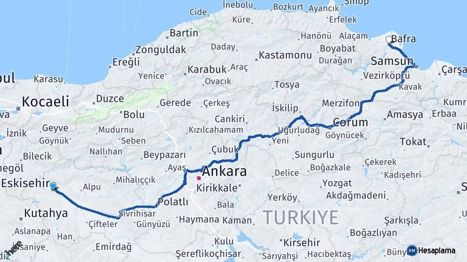 Eskişehir Bafra Samsun Arası Kaç Km - Yol Haritası
