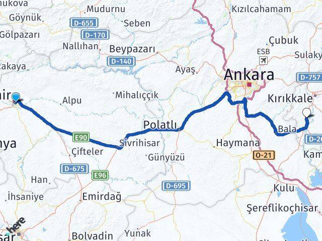 Eskişehir Bahşili Kırıkkale Arası Kaç Km - Yol Haritası