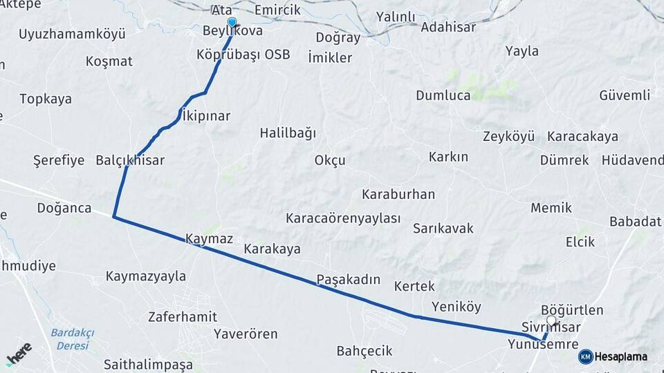Eskişehir Beylikova Sivrihisar Arası Kaç Km - Yol Haritası