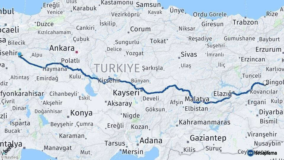 Eskişehir Bingöl Arası Kaç Km - Yol Haritası