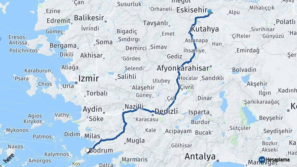 Eskişehir Bodrum Muğla Arası Kaç Km - Yol Haritası