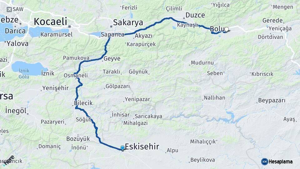 Eskişehir Bolu Arası Kaç Km - Yol Haritası