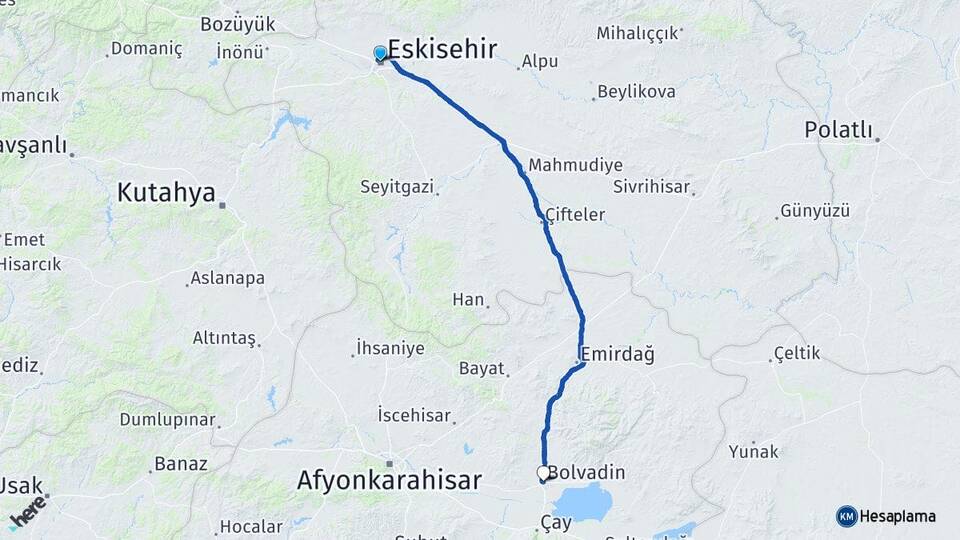 Eskişehir Bolvadin Afyonkarahisar Arası Kaç Km - Yol Haritası