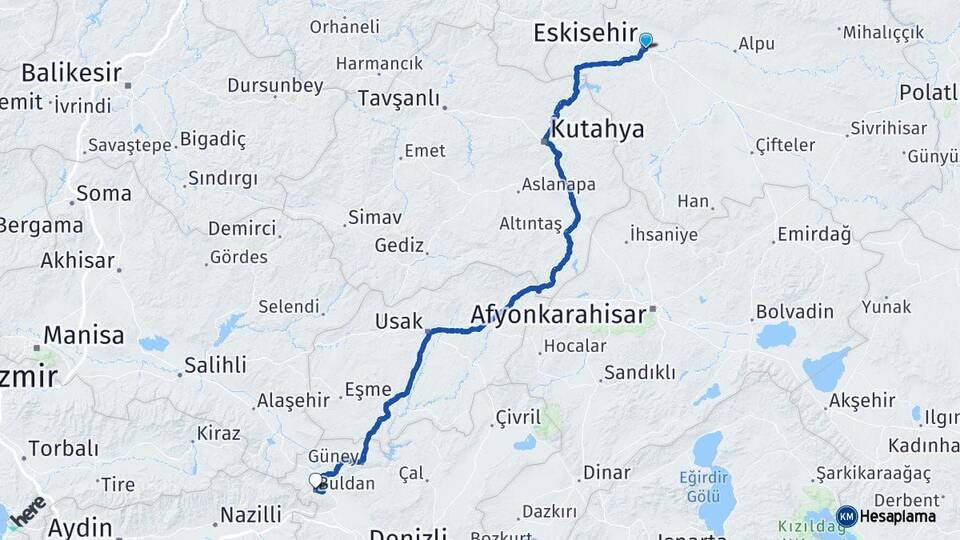 Eskişehir Buldan Denizli Arası Kaç Km - Yol Haritası
