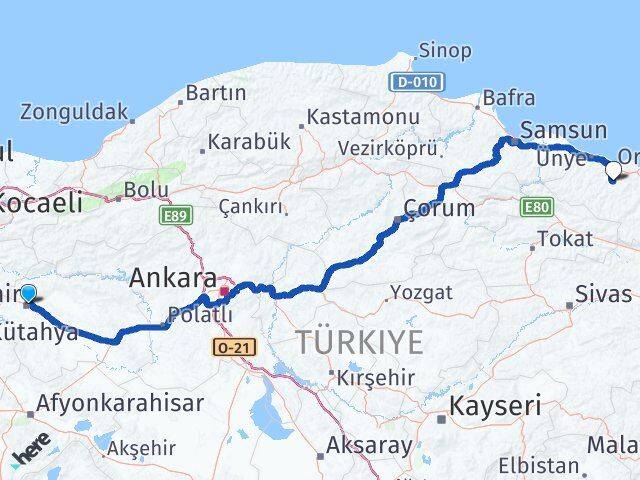Eskişehir Çamaş Ordu Arası Kaç Km - Yol Haritası