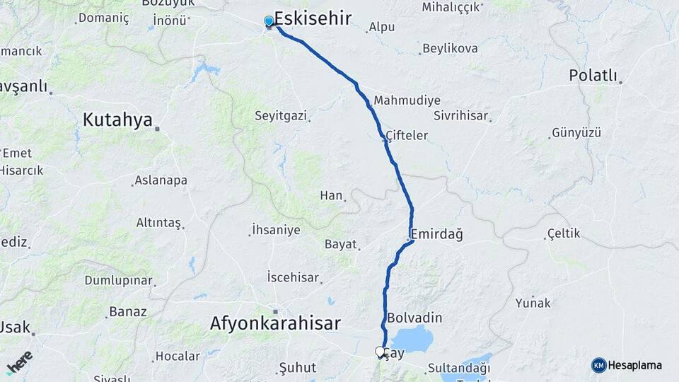Eskişehir Çay Afyonkarahisar Arası Kaç Km - Yol Haritası