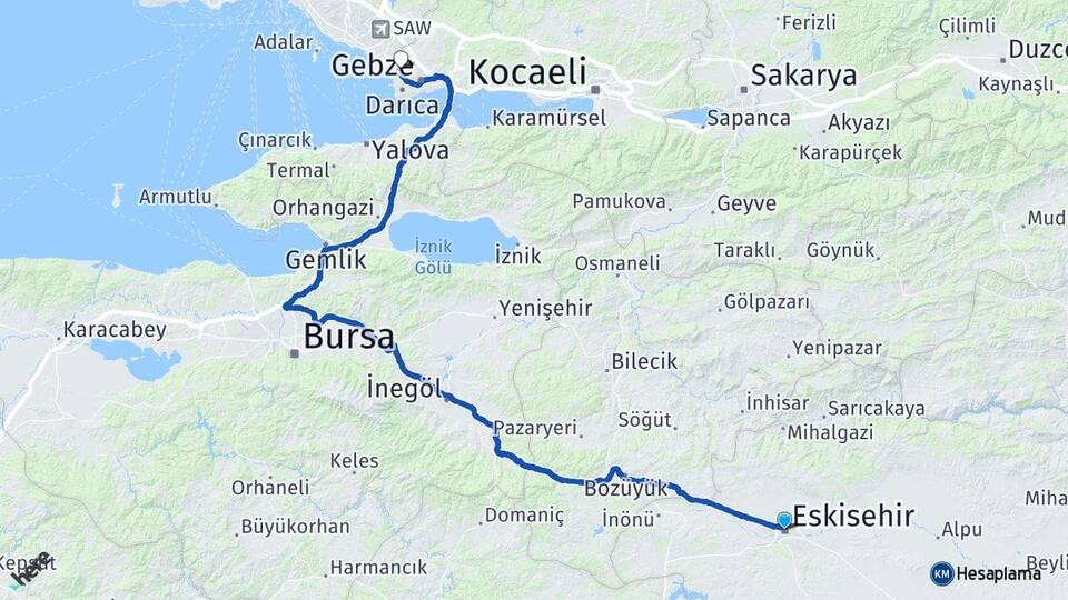 Eskişehir Çayırova Kocaeli Arası Kaç Km - Yol Haritası