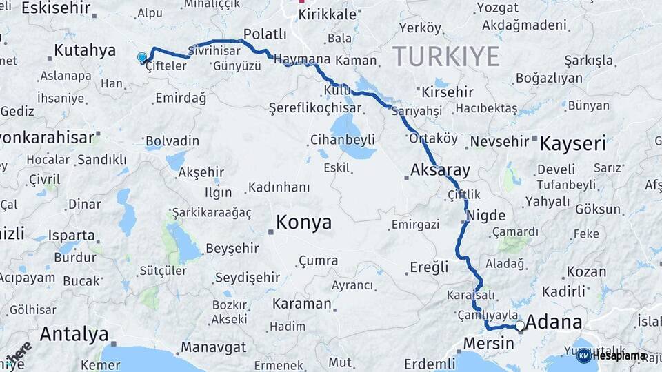 Eskişehir Çifteler Adana Arası Kaç Km - Yol Haritası