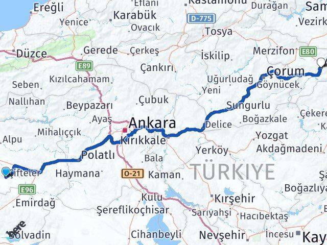 Eskişehir Çifteler Amasya Arası Kaç Km - Yol Haritası