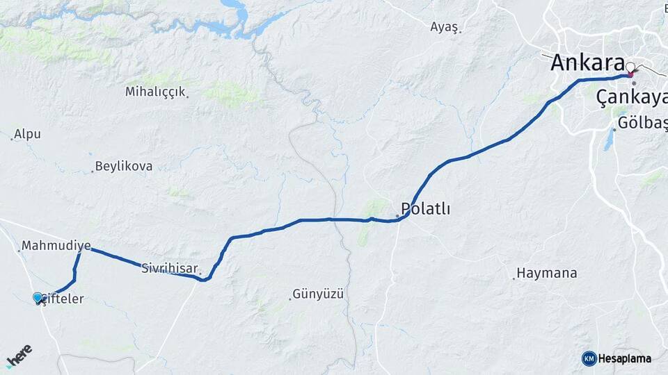 Eskişehir Çifteler Ankara Arası Kaç Km - Yol Haritası