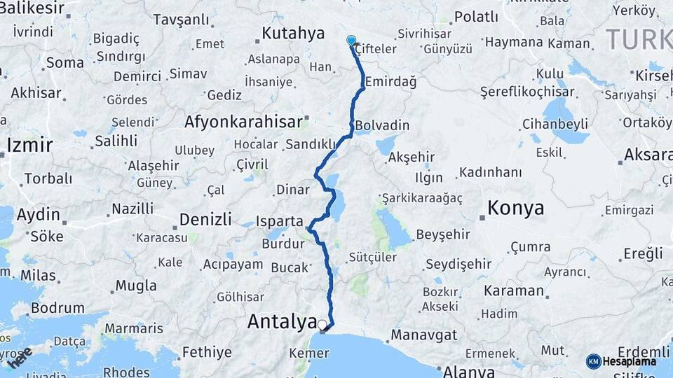 Eskişehir Çifteler Antalya Arası Kaç Km - Yol Haritası