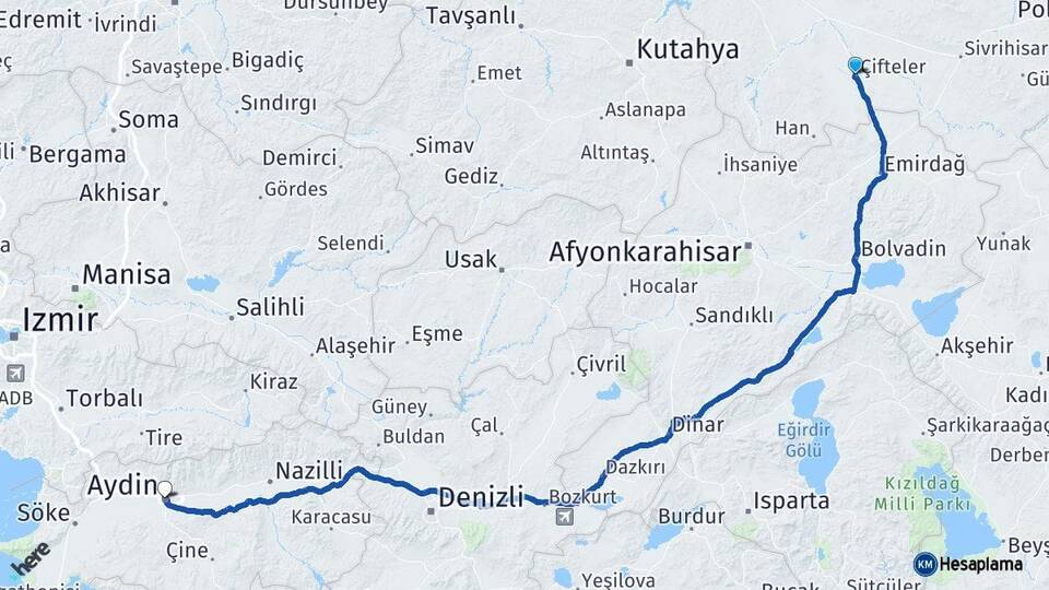 Eskişehir Çifteler Aydın Arası Kaç Km - Yol Haritası