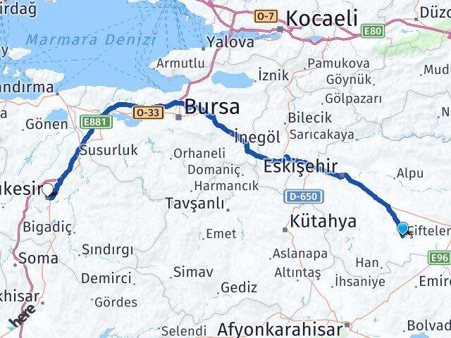 Eskişehir Çifteler Balıkesir Arası Kaç Km - Yol Haritası