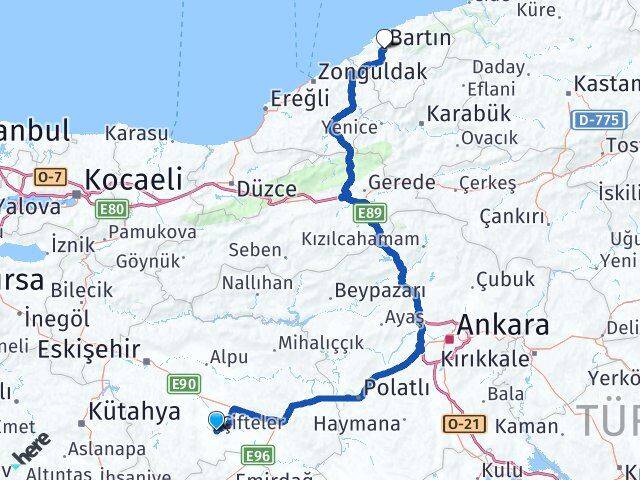 Eskişehir Çifteler Bartın Arası Kaç Km - Yol Haritası