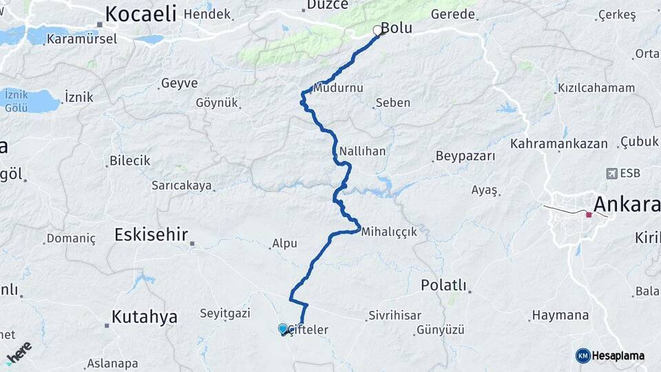Eskişehir Çifteler Bolu Arası Kaç Km - Yol Haritası
