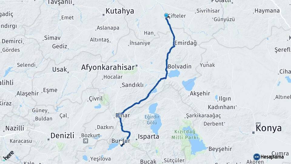 Eskişehir Çifteler Burdur Arası Kaç Km - Yol Haritası