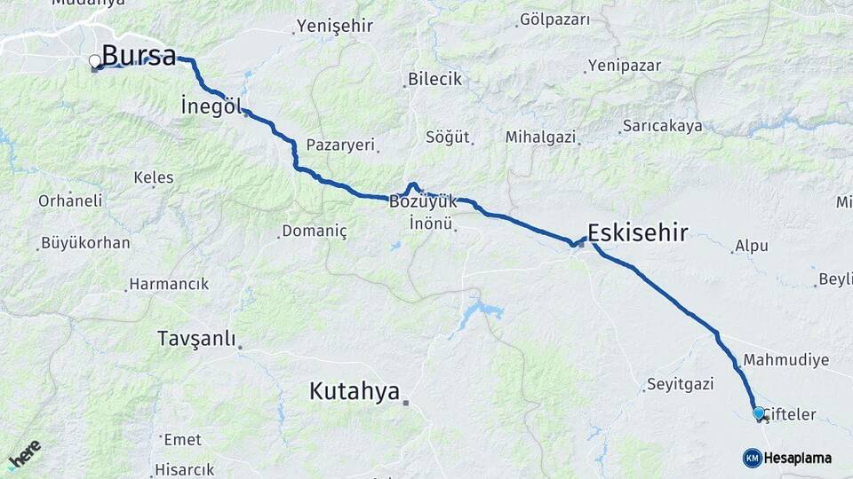 Eskişehir Çifteler Bursa Arası Kaç Km - Yol Haritası