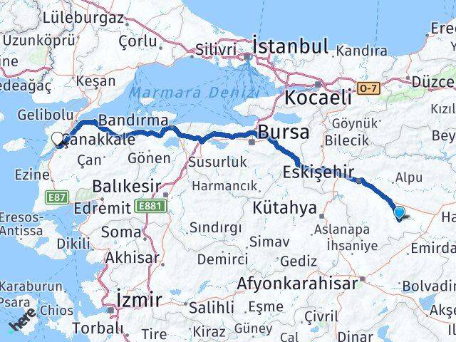 Eskişehir Çifteler Çanakkale Arası Kaç Km - Yol Haritası
