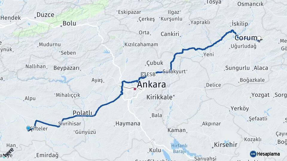 Eskişehir Çifteler Çorum Arası Kaç Km - Yol Haritası