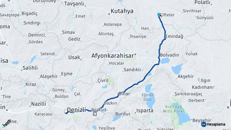 Eskişehir Çifteler Denizli Arası Kaç Km - Yol Haritası