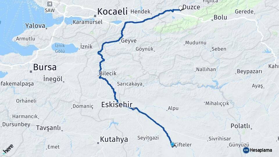Eskişehir Çifteler Düzce Arası Kaç Km - Yol Haritası