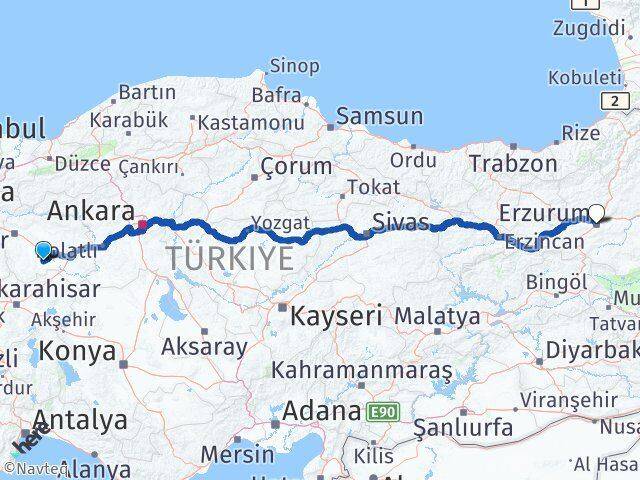 Eskişehir Çifteler Erzurum Arası Kaç Km - Yol Haritası