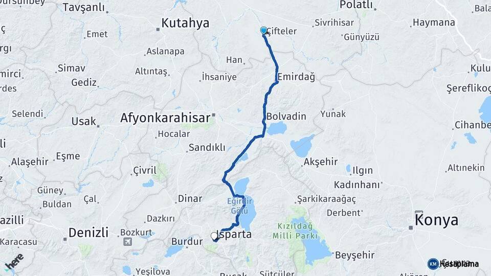 Eskişehir Çifteler Isparta Arası Kaç Km - Yol Haritası