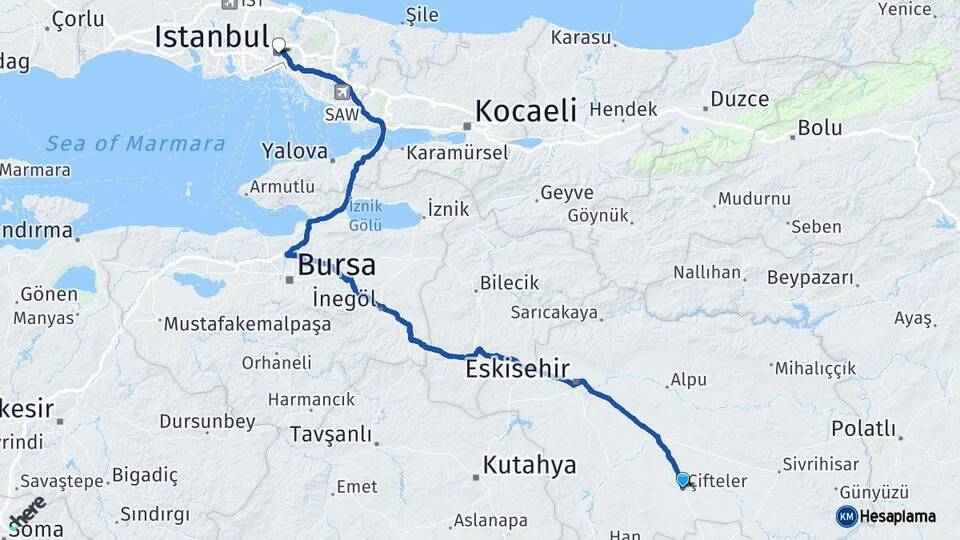 Eskişehir Çifteler İstanbul Arası Kaç Km - Yol Haritası