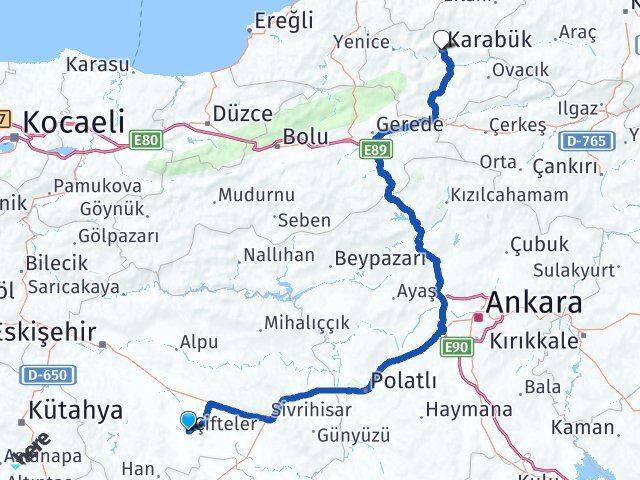 Eskişehir Çifteler Karabük Arası Kaç Km - Yol Haritası