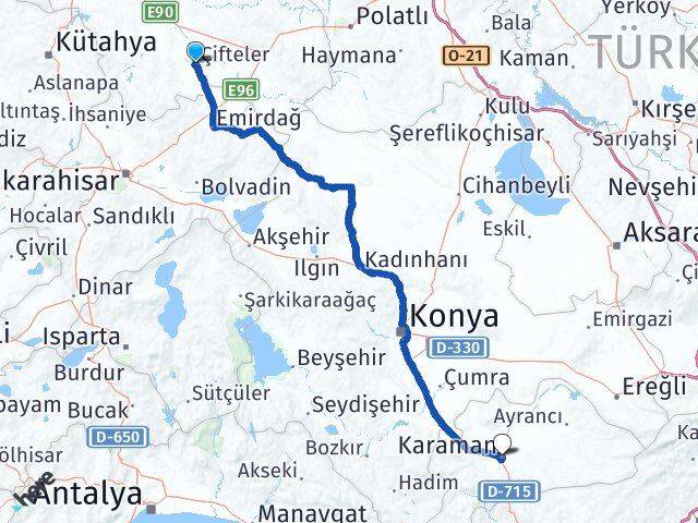Eskişehir Çifteler Karaman Arası Kaç Km - Yol Haritası