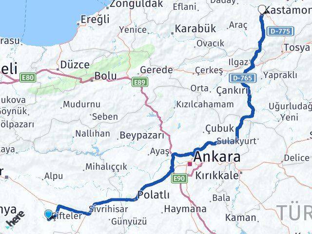 Eskişehir Çifteler Kastamonu Arası Kaç Km - Yol Haritası