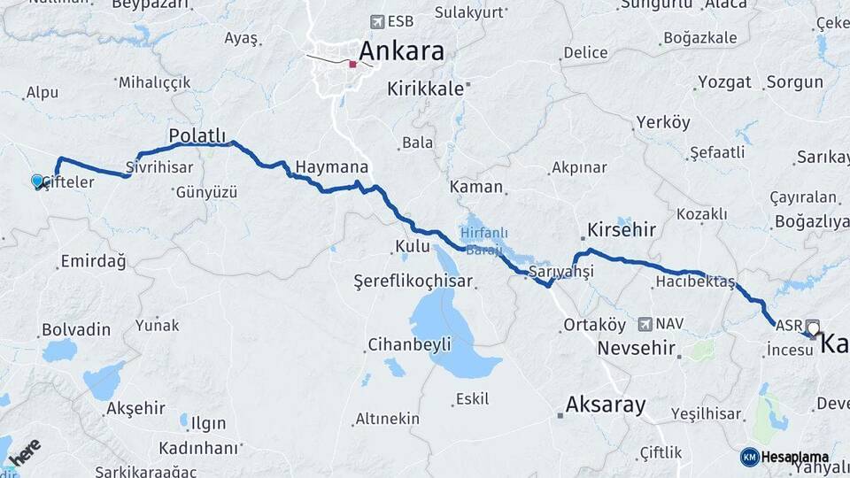 Eskişehir Çifteler Kayseri Arası Kaç Km - Yol Haritası