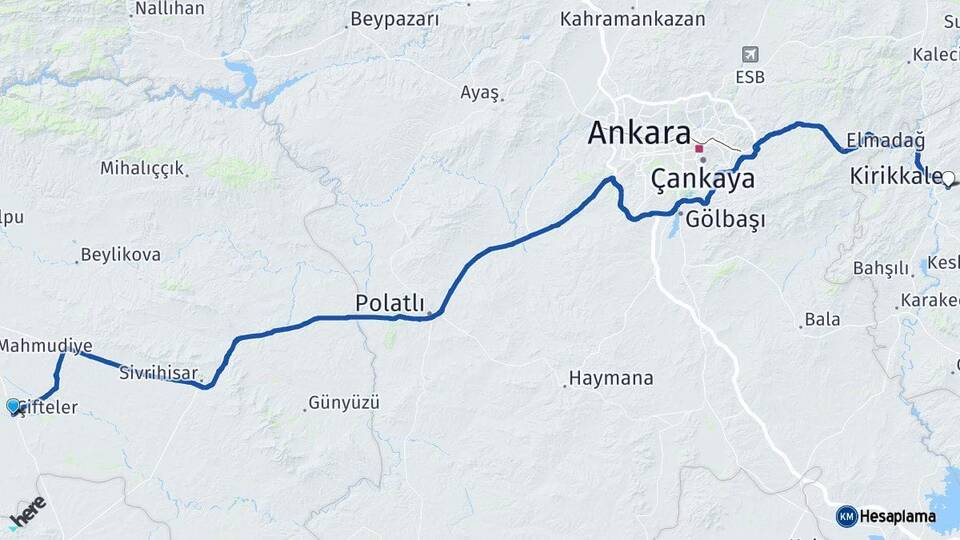 Eskişehir Çifteler Kırıkkale Arası Kaç Km - Yol Haritası