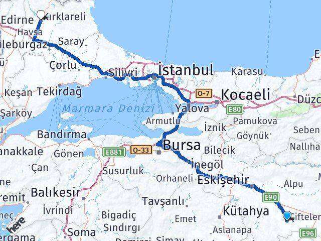 Eskişehir Çifteler Kırklareli Arası Kaç Km - Yol Haritası