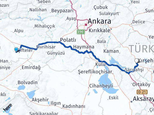 Eskişehir Çifteler Kırşehir Arası Kaç Km - Yol Haritası