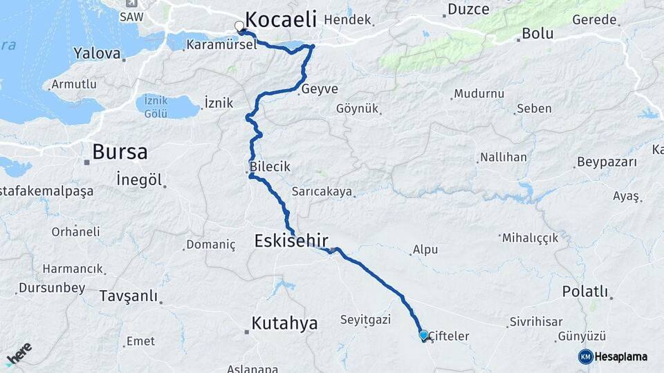 Eskişehir Çifteler Kocaeli Arası Kaç Km - Yol Haritası