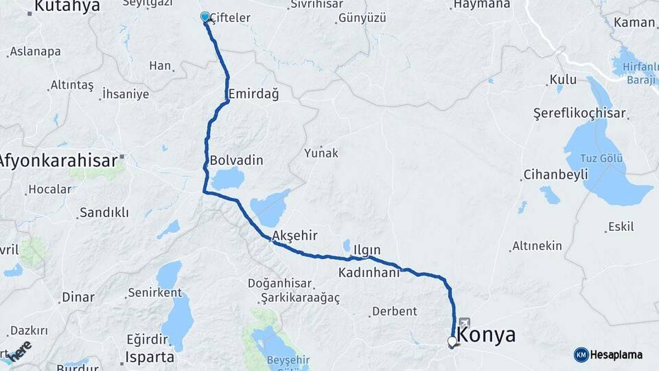 Eskişehir Çifteler Konya Arası Kaç Km - Yol Haritası