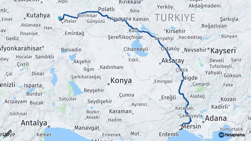 Eskişehir Çifteler Mersin Arası Kaç Km - Yol Haritası