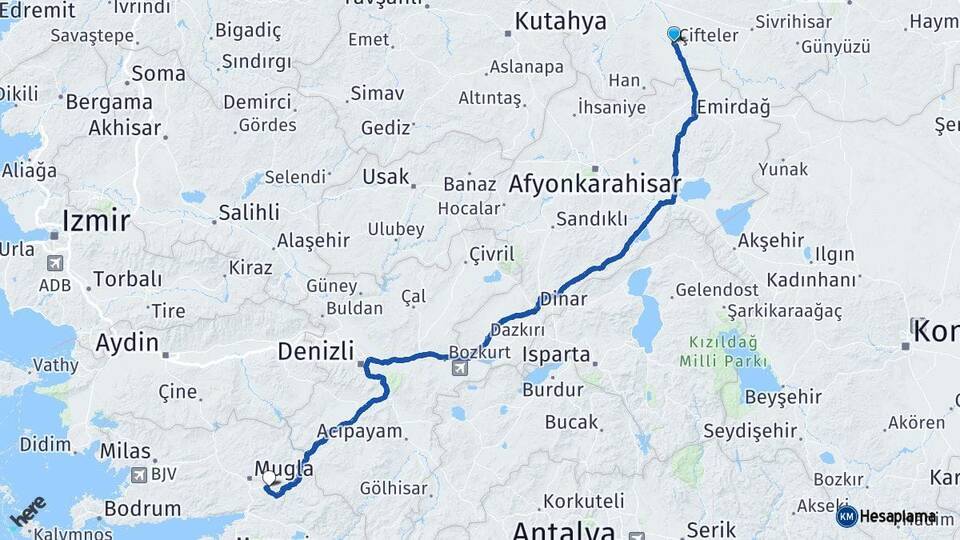 Eskişehir Çifteler Muğla Arası Kaç Km - Yol Haritası