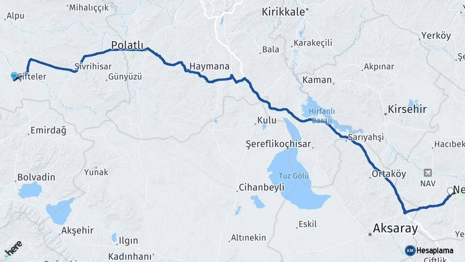 Eskişehir Çifteler Nevşehir Arası Kaç Km - Yol Haritası